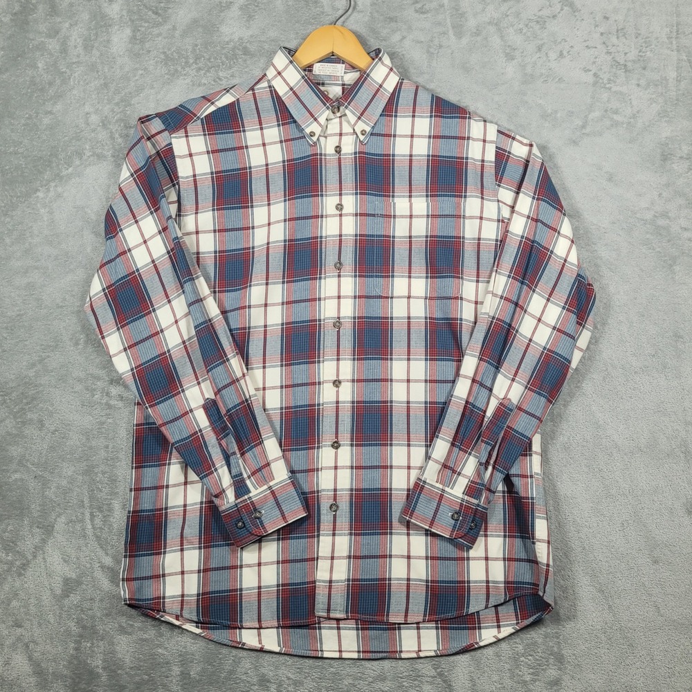 Viyella Button Down Men Large Blue Red Plaid Cotton Wool Blend Long Sleeve Shirt